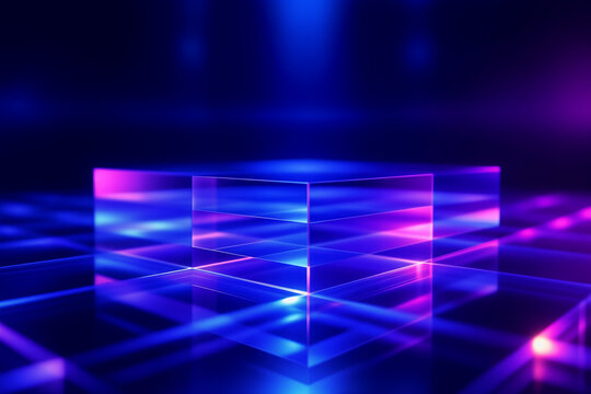 3D render of a transparent glass cube refracting blue and magenta light. Abstract high-tech background for data, AI, and science concepts. Photorealistic with caustics.