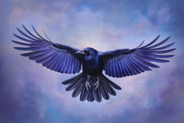 Majestic crow soars through vibrant sky, showcasing its expansive wings and striking plumage. blend of colors in background enhances bird elegance and grace