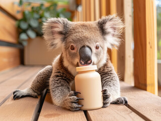 Cute koala sitting on wooden surface, holding bottle. koala has fluffy ears and curious expression, creating heartwarming scene