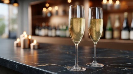 Elegant champagne glasses on marble bar with candles in cozy atmosphere