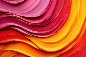 Vibrant abstract waves of pink, red, and yellow paint create dynamic and energetic composition, evoking warmth and creativity through smooth digital strokes