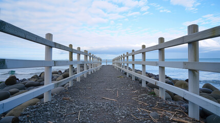 Serene pathway leads to ocean, framed by white wooden fence. scene captures tranquility of nature, with smooth stones lining path and gentle waves lapping at shore