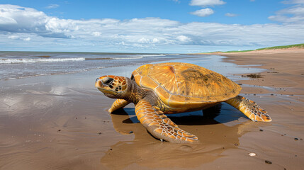 Golden sea turtle on sandy beach under blue sky, showcasing its vibrant shell and natural habitat. scene evokes sense of tranquility and connection to wildlife