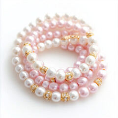 A set of pastel pink and white pearl bracelets with tiny gold charms,Generative ai