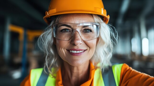 This engaging portrait features a confident woman in a construction site wearing a hard hat and safety goggles, representing empowerment and the spirit of female leadership in industries.