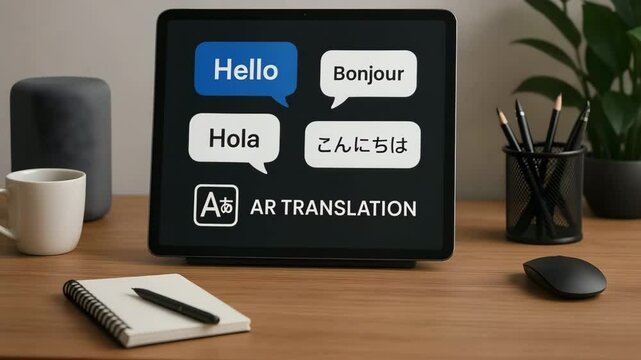 A tablet on wooden desk shows speech bubbles saying hello bonjour hola and japanese greeting. Concept of ar powered language translation.