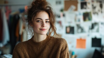 A woman wearing a cozy sweater beams with a genuine smile, surrounded by an artistic atmosphere, reflecting warmth, joy, and comfort in a personal space.