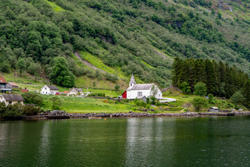 Charming white church in a remote fjord community