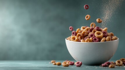 A captivating bowl filled with vibrant cereal showcasing a delightful mix of colors and shapes, perfect for a breakfast treat or snack for all ages.