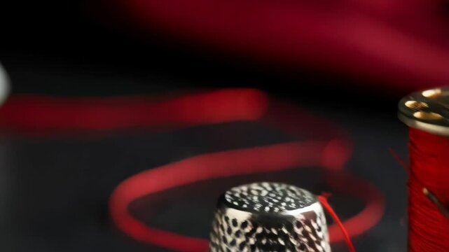 Close-up of a metal thimble and a spool of red thread with needle against a dark, textured background depicting sewing and craft projects.