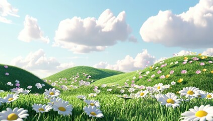 Springtime meadow, fluffy clouds