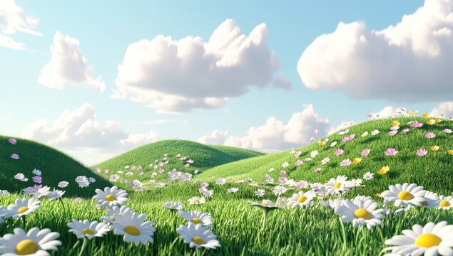 Springtime meadow, fluffy clouds