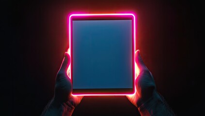 Hands holding a glowing tablet
