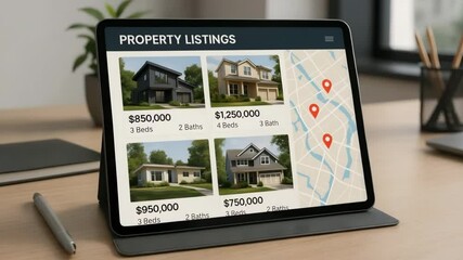 A tablet shows property listings with prices photos and map pins in bright daylight. Concept of digital home shopping convenience. - Powered by Adobe