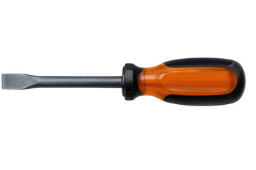 Close-up of a flat head screwdriver with an orange and black handle, isolated on a transparent background, ready for use in diy projects