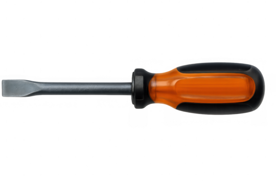 Close-up of a flat head screwdriver with an orange and black handle, isolated on a transparent background, ready for use in diy projects