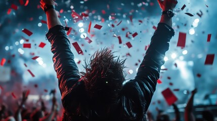 A captured moment at a vibrant concert showing a celebratory crowd with confetti falling, embodying the energy and excitement of live music events and joyous emotions.