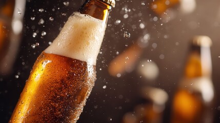 A vibrant image capturing a beer bottle with foam splashing out, creating a lively scene emphasizing refreshment and enjoyment, perfect for beverage advertising.