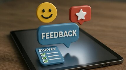 A tablet hosts 3d like icons reading feedback survey with smiley and star bubbles. Concept of structured opinion gathering. - Powered by Adobe