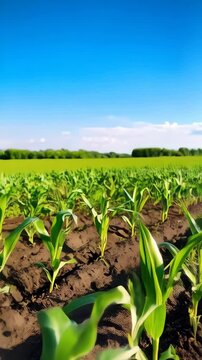 Rows of young corn plants growing in the field on a bright sunny day with blue sky, agricultural landscape, and cultivated soil