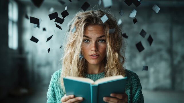 A woman reading a book surrounded by floating geometric shapes, representing imagination, creativity, and the magical journey one can embark on through literature’s world.