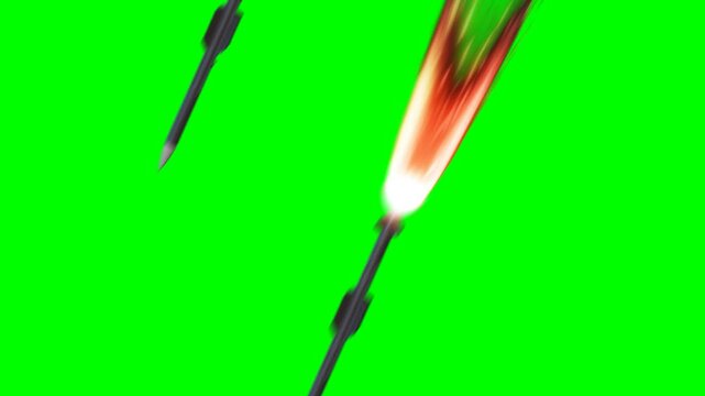 3d missile falling animation with flame trail, alpha channel and greenscreen for compositing war or sci-fi vfx
