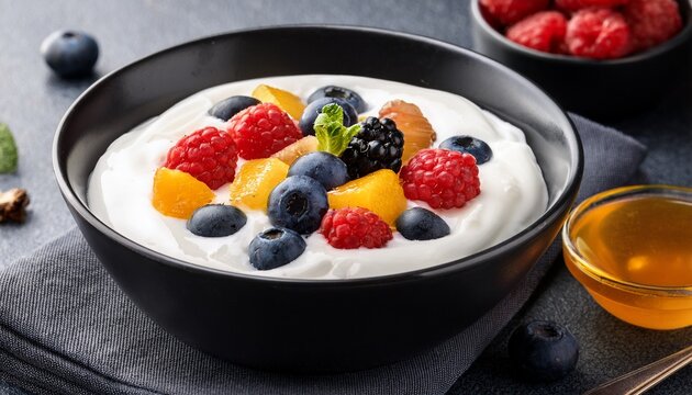 traditional skyr with honey and mixed berries in black bowl