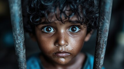 An innocent child's eyes shine through iron bars, evoking deep emotions and reflecting themes of hope, resilience, and the impact of circumstance on youth.