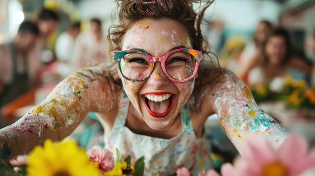A joyful artist, covered in colorful paint, passionately engages in a creative project surrounded by flowers, embodying the spirit of art and self-expression. - Powered by Adobe