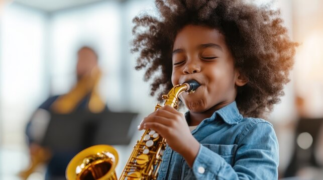 A young child with curly hair enjoys playing the saxophone, showcasing pure joy and passion for music in a bright, airy environment with fellow musicians visible.