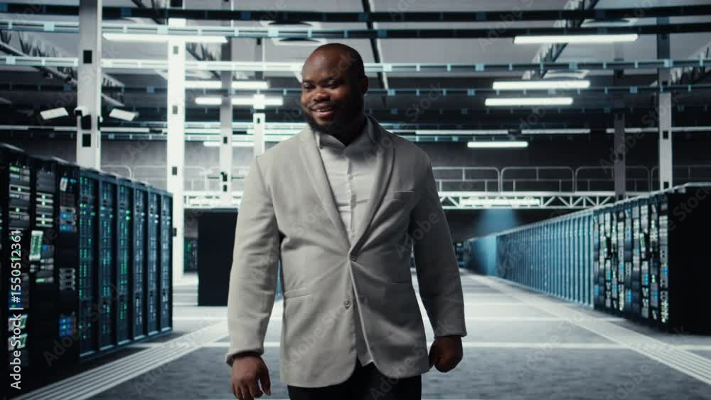 Poster smiling employee walking in high tech data center with machines powering networks, running companies