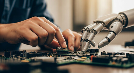 A human and a robotic hand collaborating to work on a complex electronics circuit board.