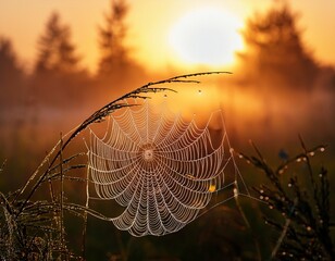 spider web with dew drops glistening beautifully at sunrise