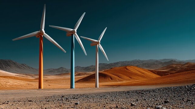 Three wind turbines in a desert landscape under a clear blue sky Orange blue and white windmills in arid terrain
