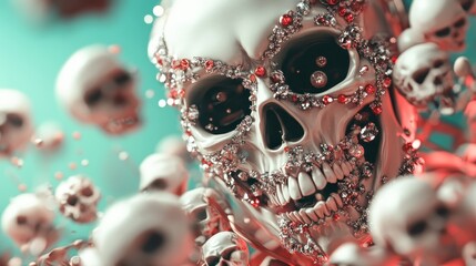A stunning skull adorned with intricate jewels and gems reflects a blend of beauty and darkness, pushing the boundaries of art and enhancing the concept of mortality.