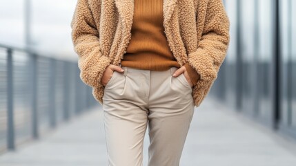 A model dressed in a cozy, textured outfit stands confidently with hands in pockets, emphasizing a stylish yet relaxed approach to modern fashion during winter.