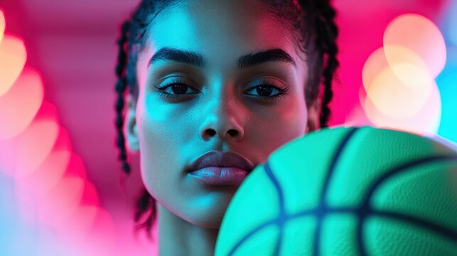 A close-up of a focused basketball player showcases determination and strength, illuminated by vibrant neon lighting that enhances their fierce expression.