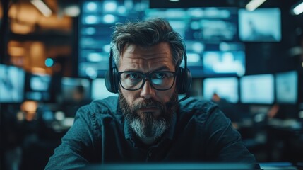 Obraz premium A concentrated man with a beard sits in front of multiple screens in a control room, embodying diligence and responsibility in a high-tech environment.