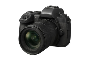 Fototapeta premium Professional dslr camera with zoom lens, showcasing sleek design, positioned on transparent surface for seamless post-production integration