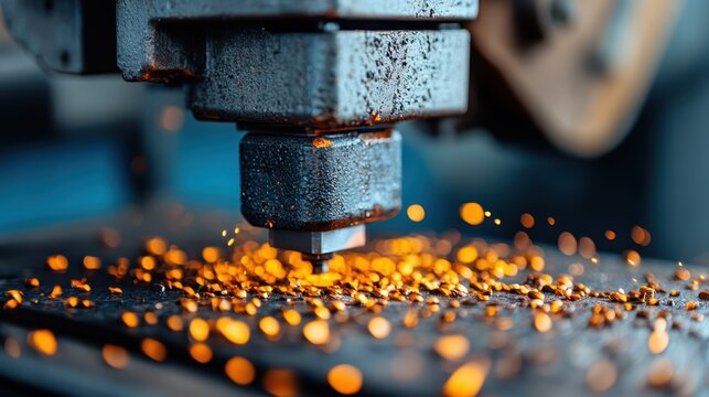 Close-up of a metal cutting machine showcases vibrant sparks flying as it operates, representing industrial precision and the energy of craftsmanship in modern manufacturing.
