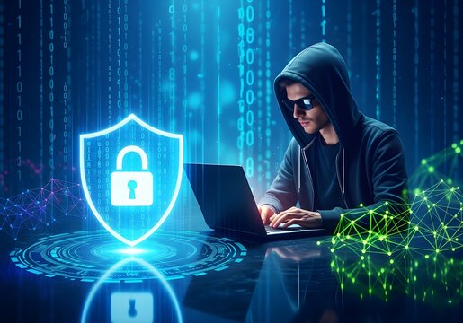 Cybersecurity Protection: Hacker Working on Laptop with Digital Shield and Data Streams