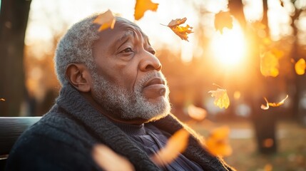 An older man sits lost in thought surrounded by vibrant autumn leaves, capturing a moment of peaceful reflection and connection with nature during a serene sunset.