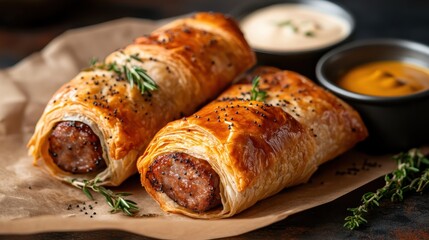 Delicious sausage rolls displayed on a textured platter with accompanying dips, showcasing culinary art, appetizing visuals, and the joy of indulgent comfort food.