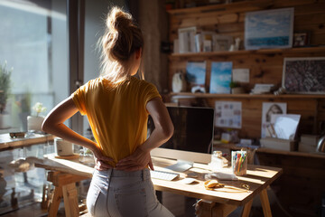 Back pain troubles a woman working from her home office