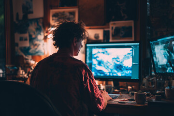 Creative designer working intently at computer monitors late at night