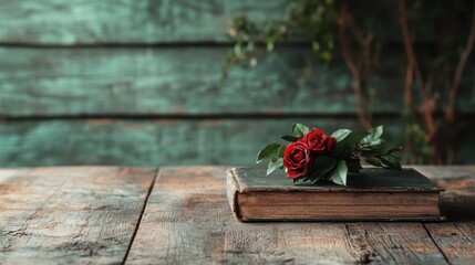 A beautiful arrangement of red roses resting on a vintage book, set against a rustic background, symbolizing love, nostalgia, and the beauty of nature and literature.