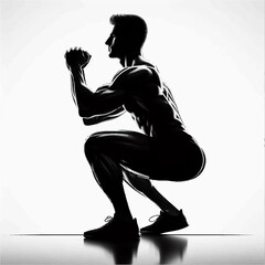 A black and white silhouette of an athletic man doing squats. Vector graphics. EPS.