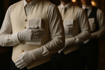 Formal waitstaff in uniform: male servers with gloves in elegant setting