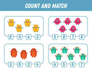 Fototapeta premium Education game for children count and match of cute cartoon monsters, printable worksheet. Funny monster. Vector illustration 