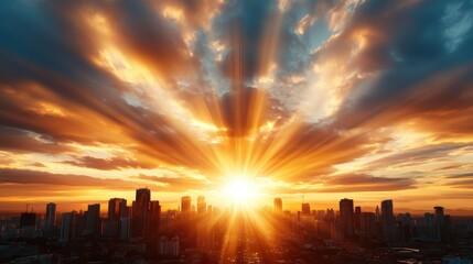 Fototapeta premium A spectacular sunrise casts rays through cloudy skies over a bustling city skyline, symbolizing hope, new beginnings, and the vibrant energy of urban life and growth.